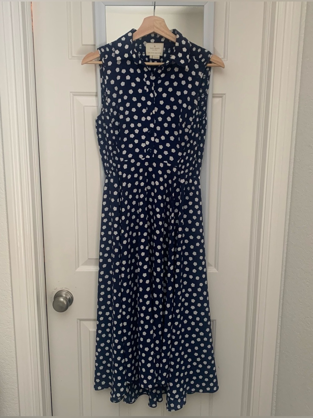 Kate Spade Navy Blue Polka Dot Sleeveless Midi Dress